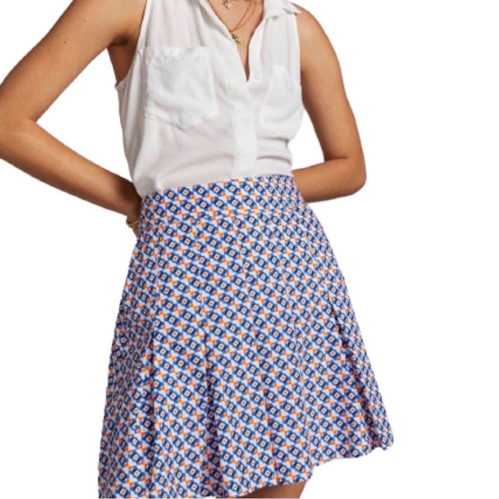 Maeve Anthropologie Pleated Mini Skirt Size 14 White Blue Orange Black